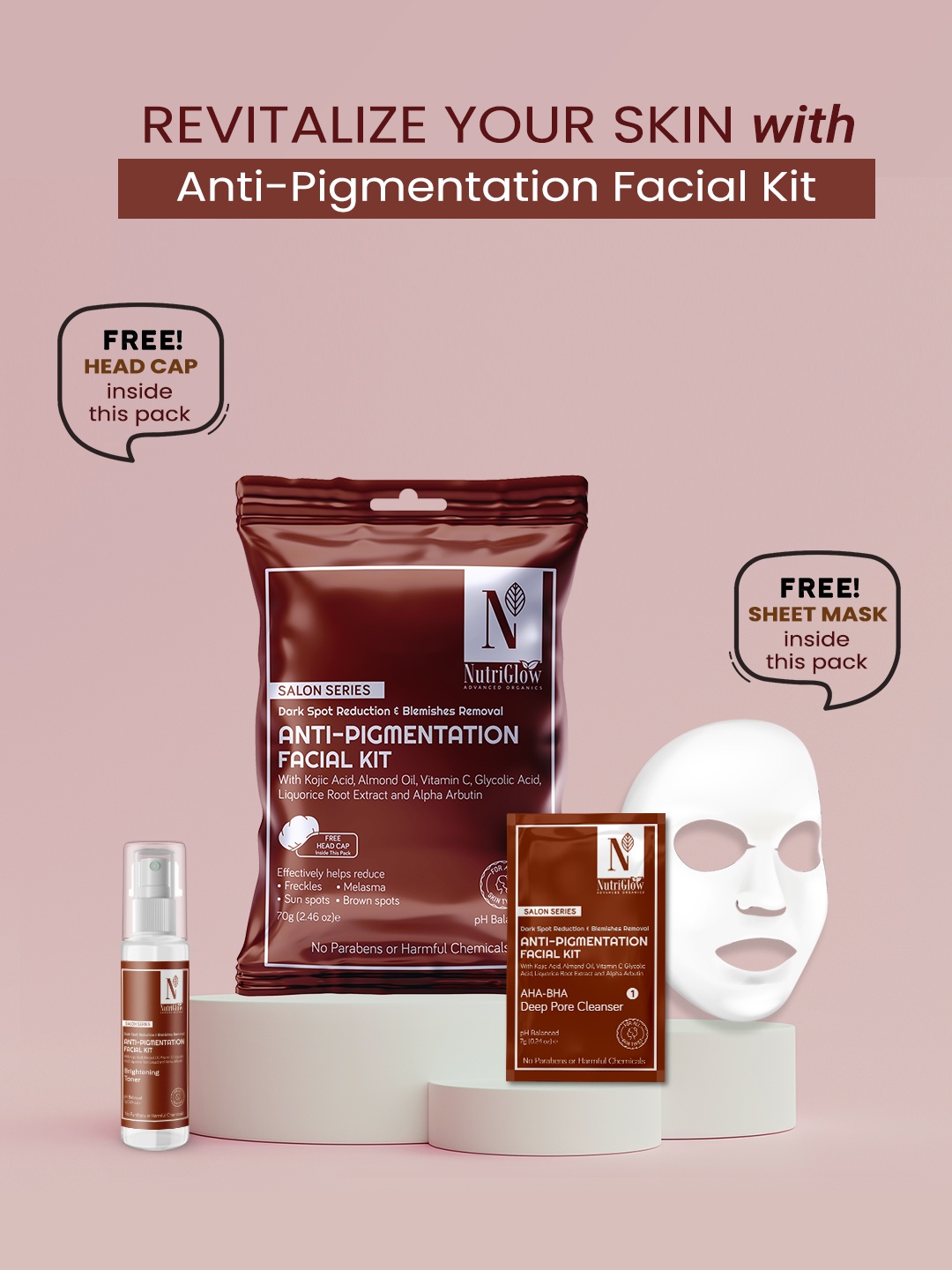 

Nutriglow Advanced Organics Unisex Salon Series Anti-Pigmentation Facial Kit 70g, Brown