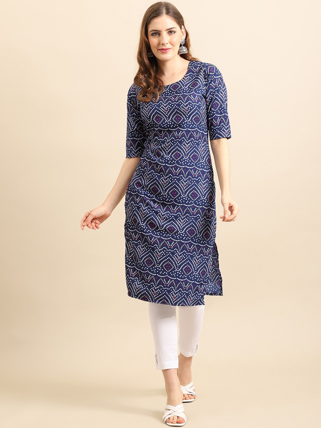 7Threads Women Blue Geometric Printed Summer Sheers Crepe Kurta