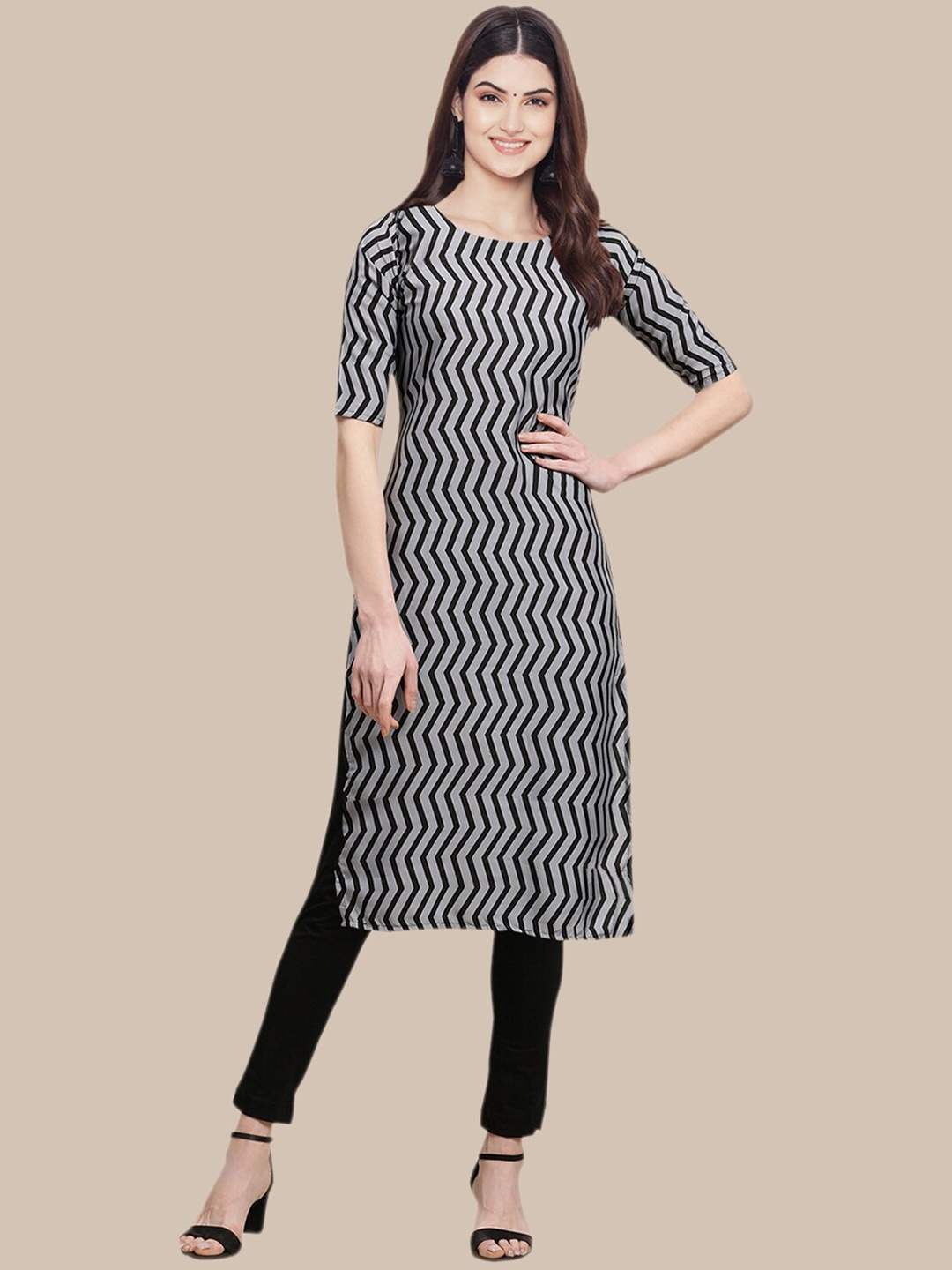 

7Threads Women Grey & Black Geometric Striped Crepe Kurta
