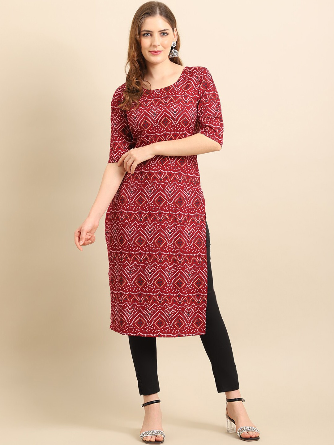 

7Threads Women Maroon Bandhani Printed Crepe Kurta