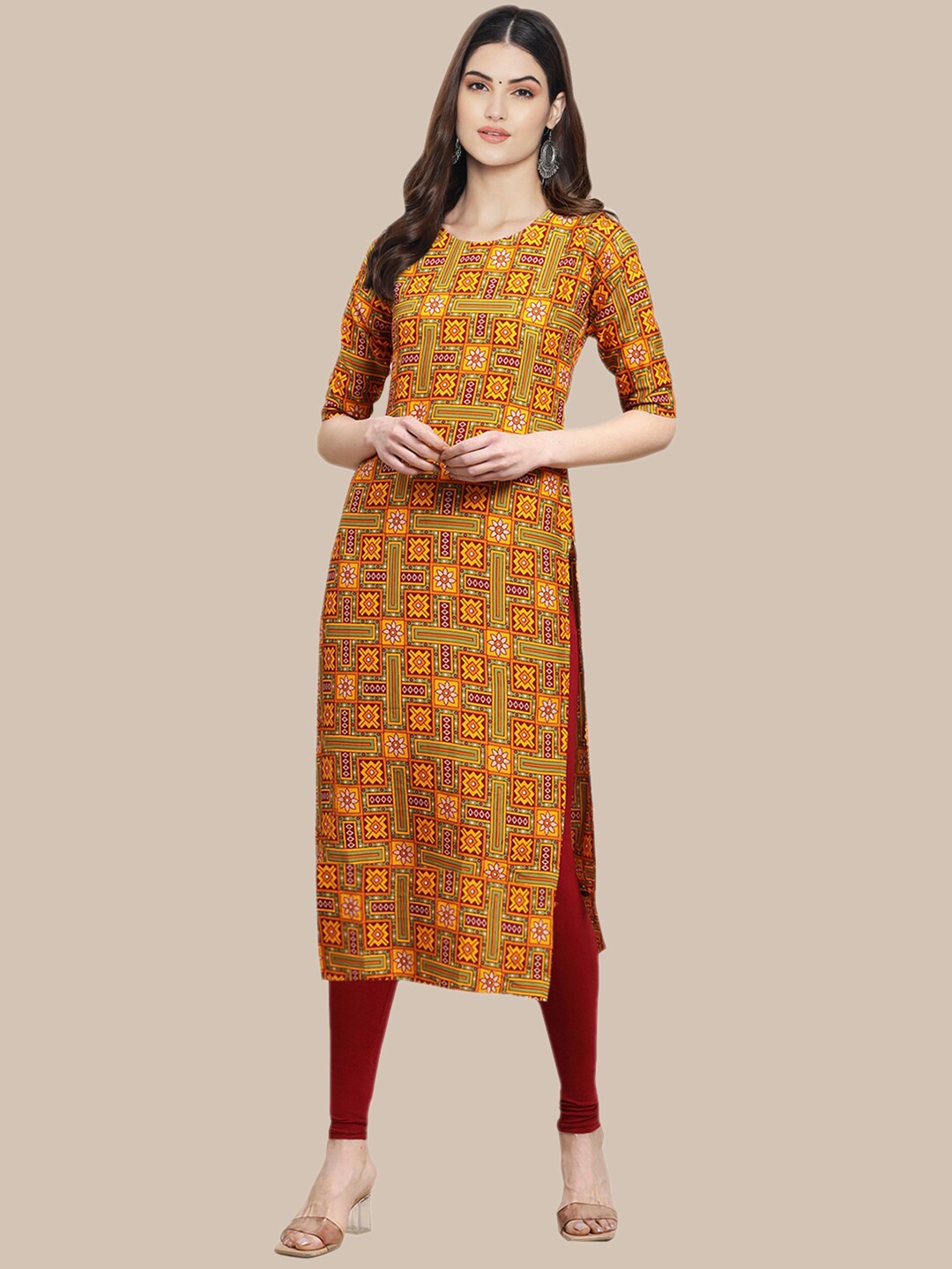 

7Threads Women Yellow & Red Ethnic Motifs Printed Straight Crepe Kurta