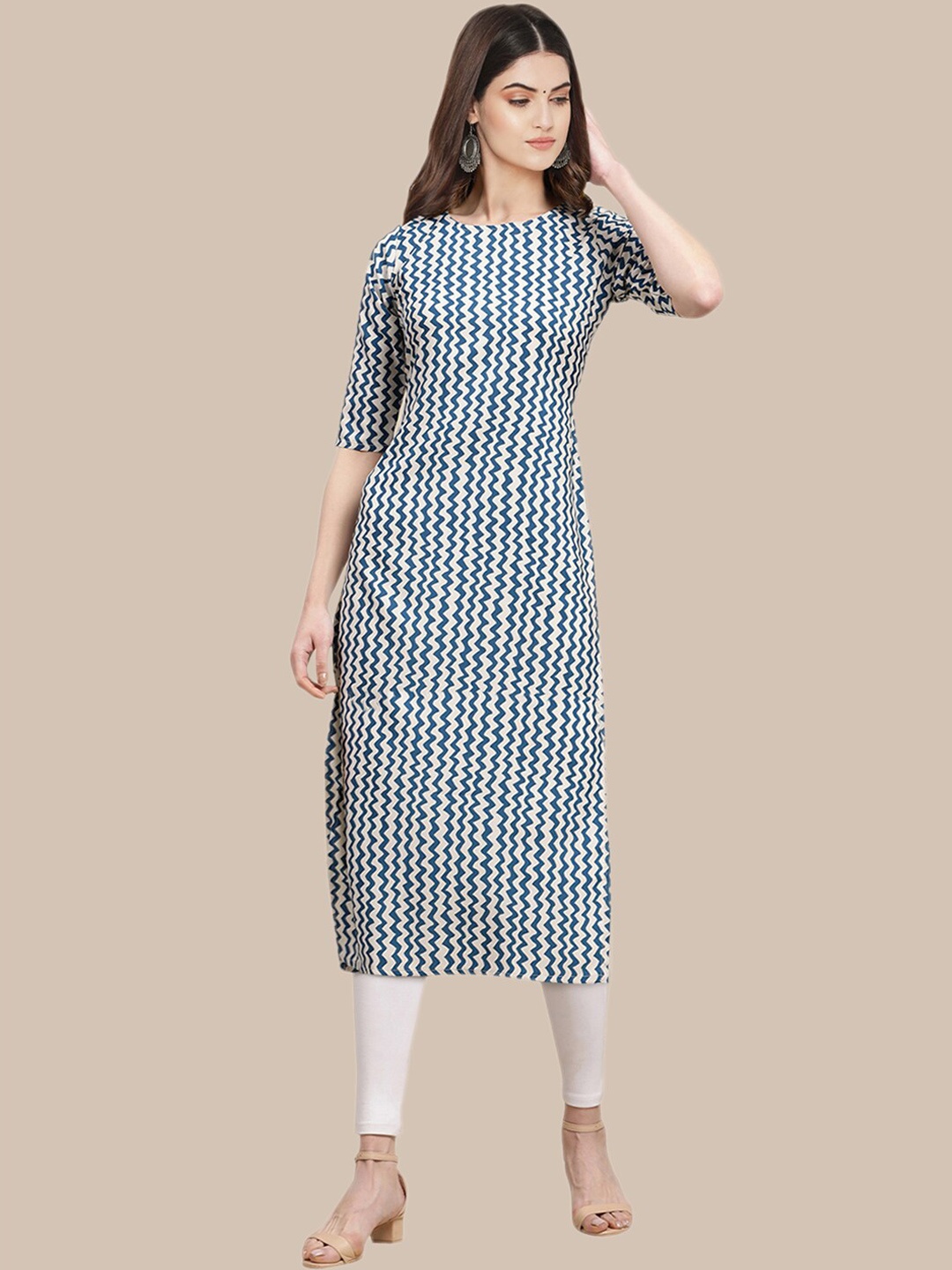 7Threads Women White & Blue Geometric Printed Crepe Kurta