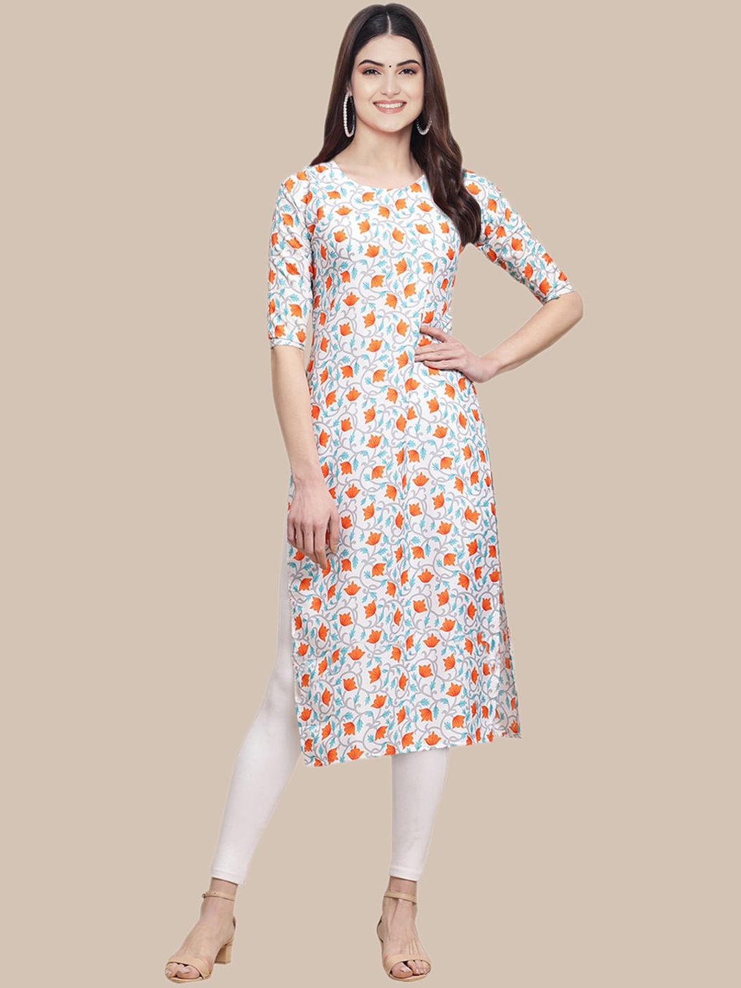

7Threads Women White & Orange Floral Printed Crepe Kurta