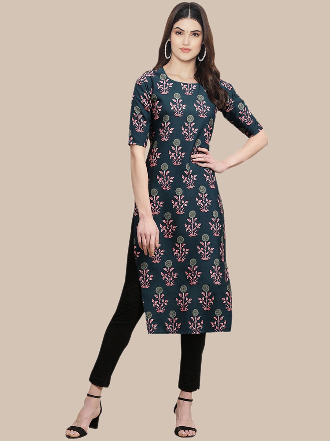 

KALINI Women Teal & Pink Floral Printed Crepe Kurta