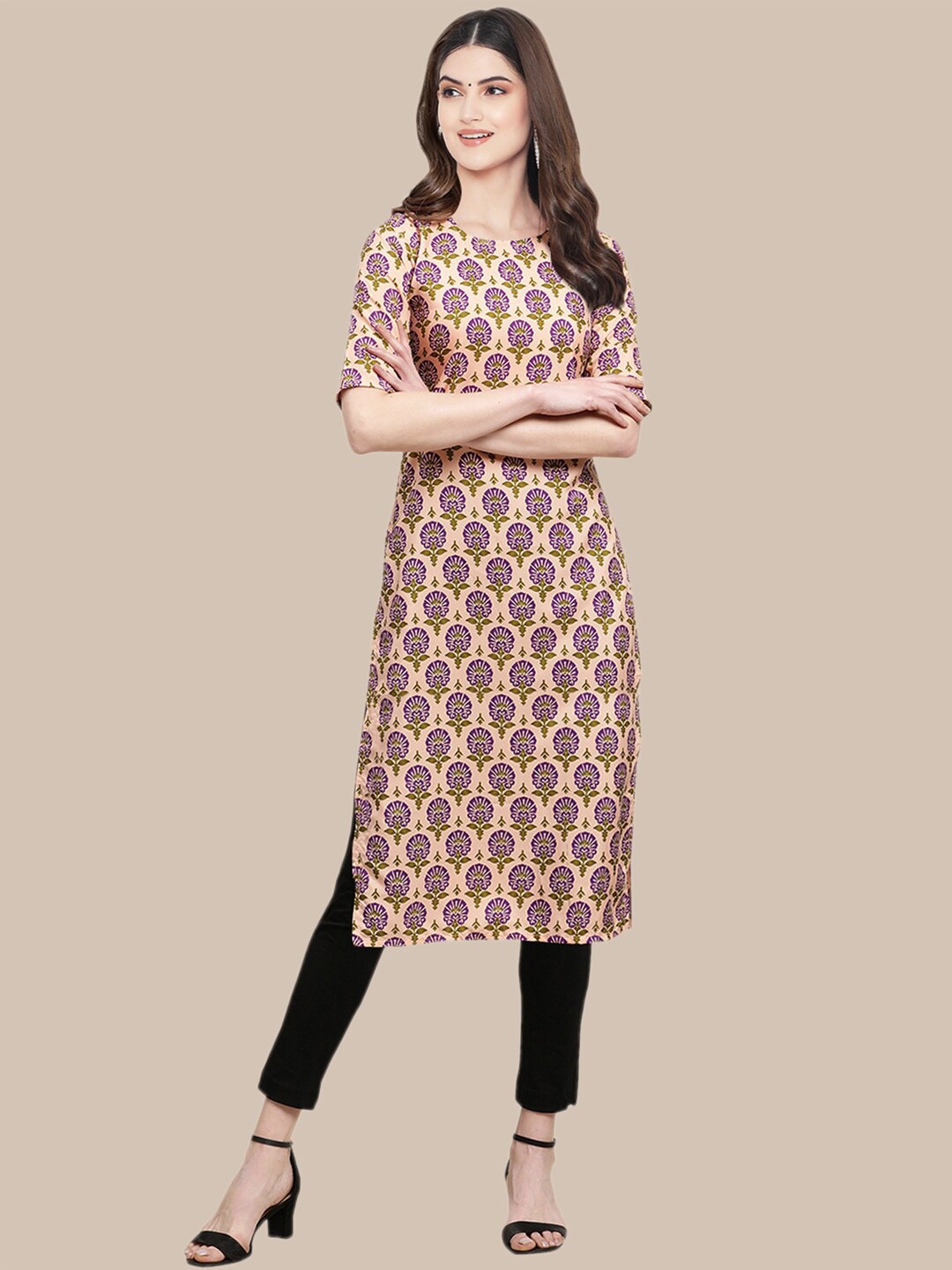 

7Threads Women Beige Ethnic Motifs Printed Crepe Kurta