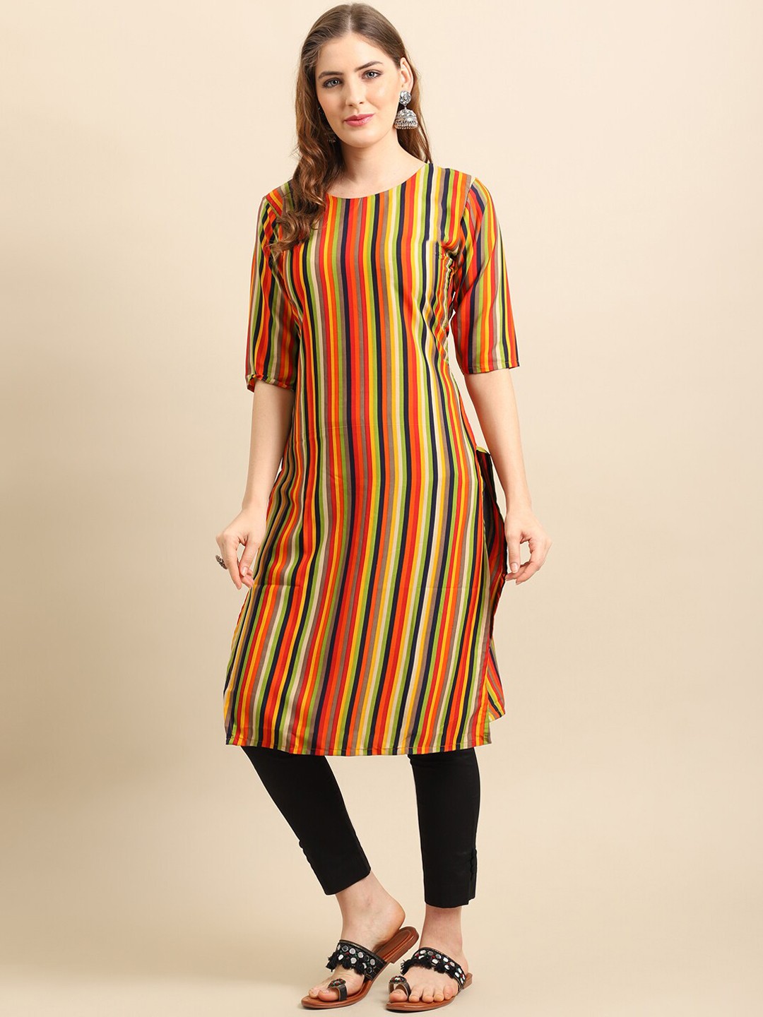 7Threads Women Multicoloured Striped Crepe Kurta, Multi
