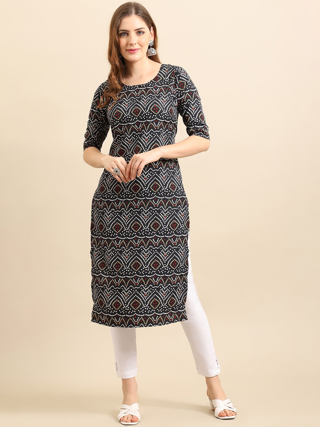 

7Threads Women Black Bandhani Printed Crepe Kurta