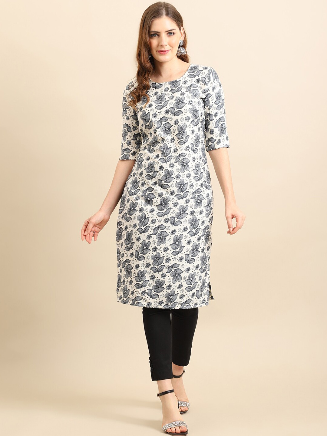 7Threads Women White & Grey Floral Printed Crepe Kurta