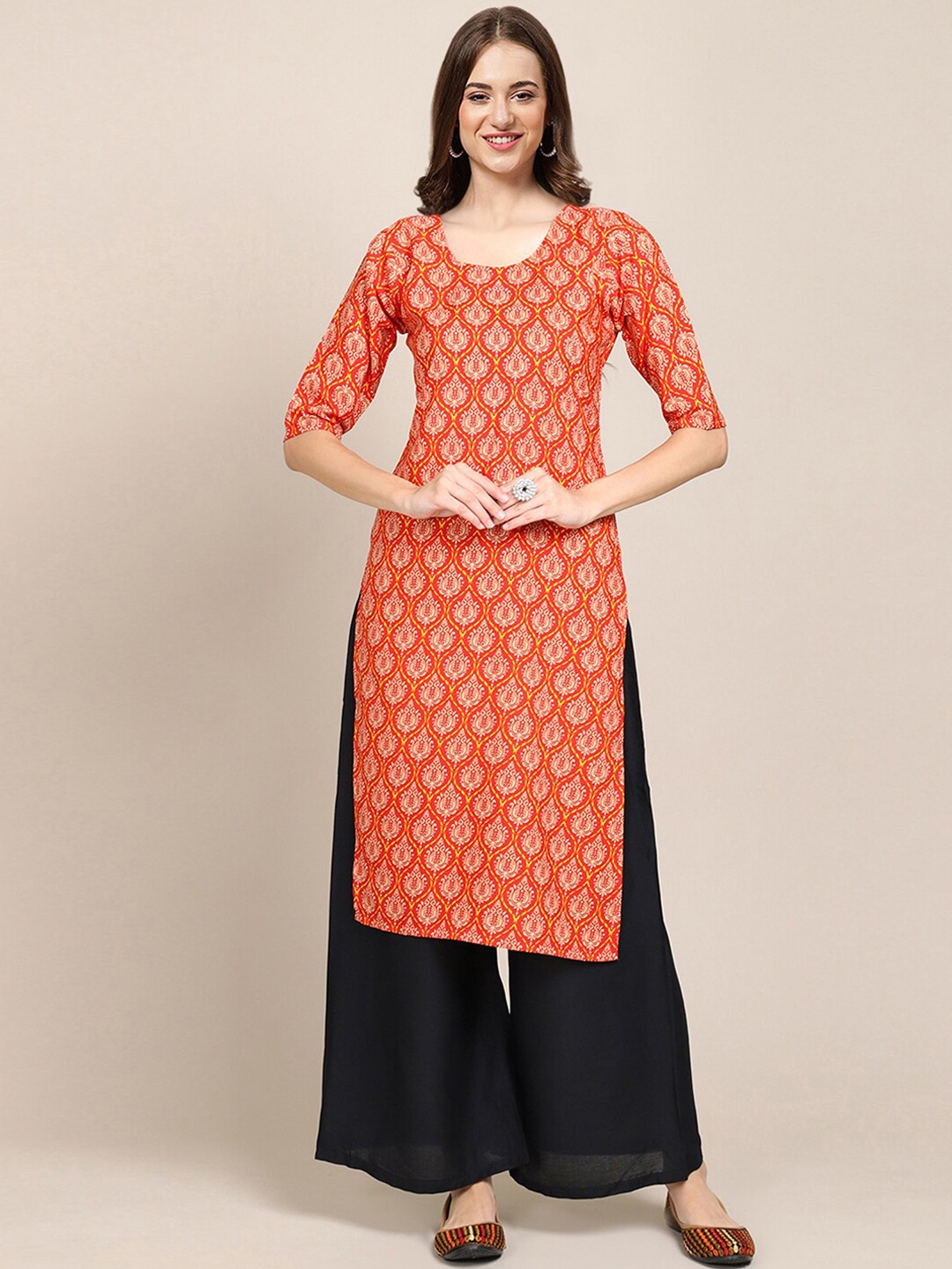 7Threads Women Orange & Yellow Geometric Printed Summer Sheers Crepe Kurta