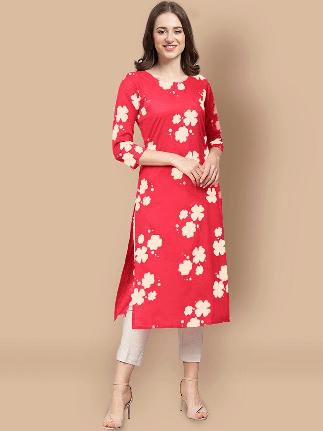 

7Threads Women Red & Cream-Coloured Floral Printed Summer Sheers Crepe Kurta