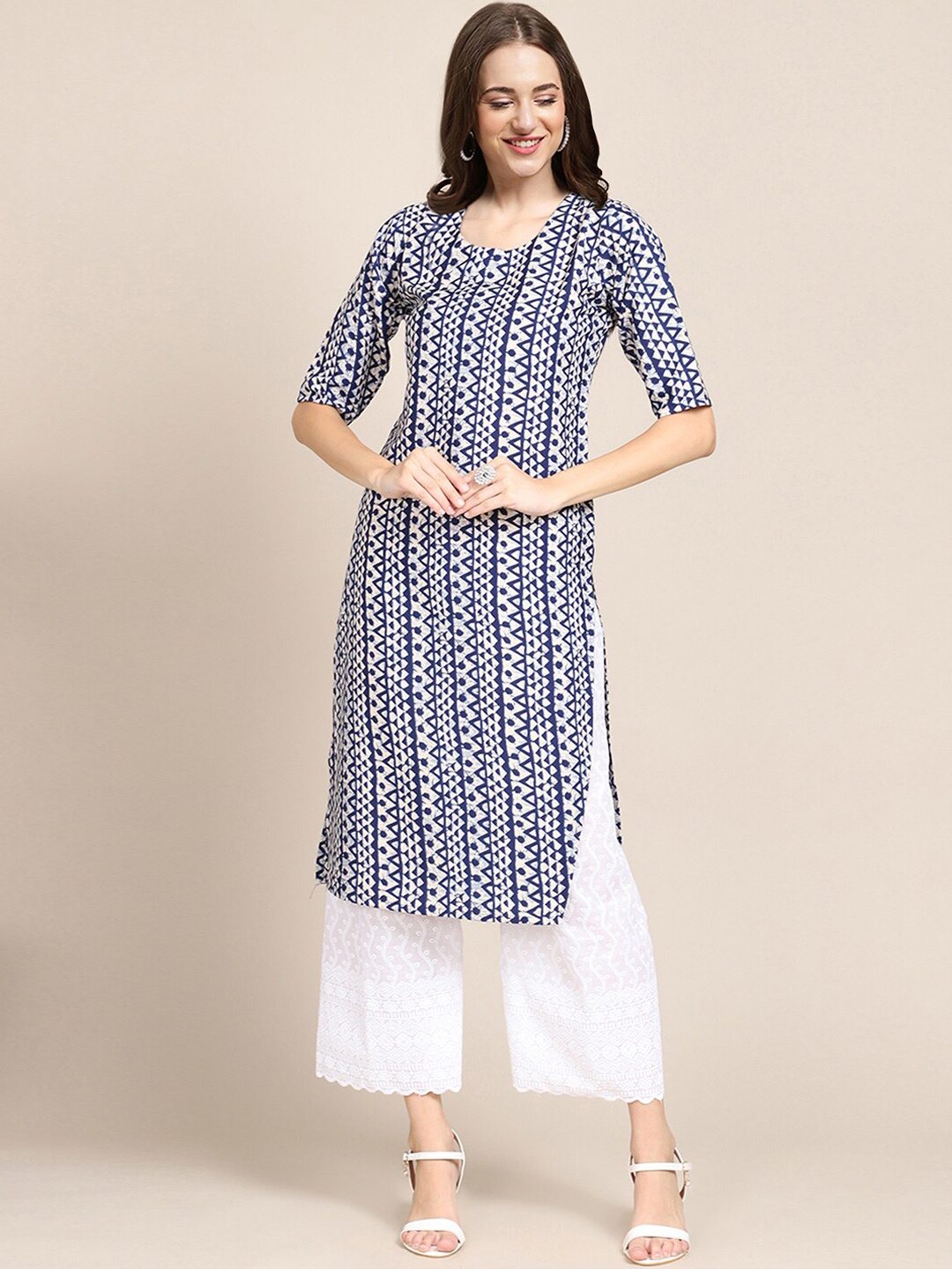 

7Threads Women Blue Geometric Printed Summer Sheers Crepe Kurta