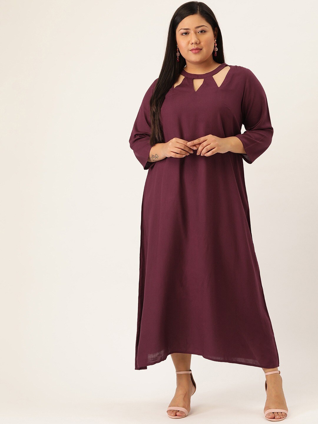 

theRebelinme Women Plus Size Burgundy A-Line Midi Dress