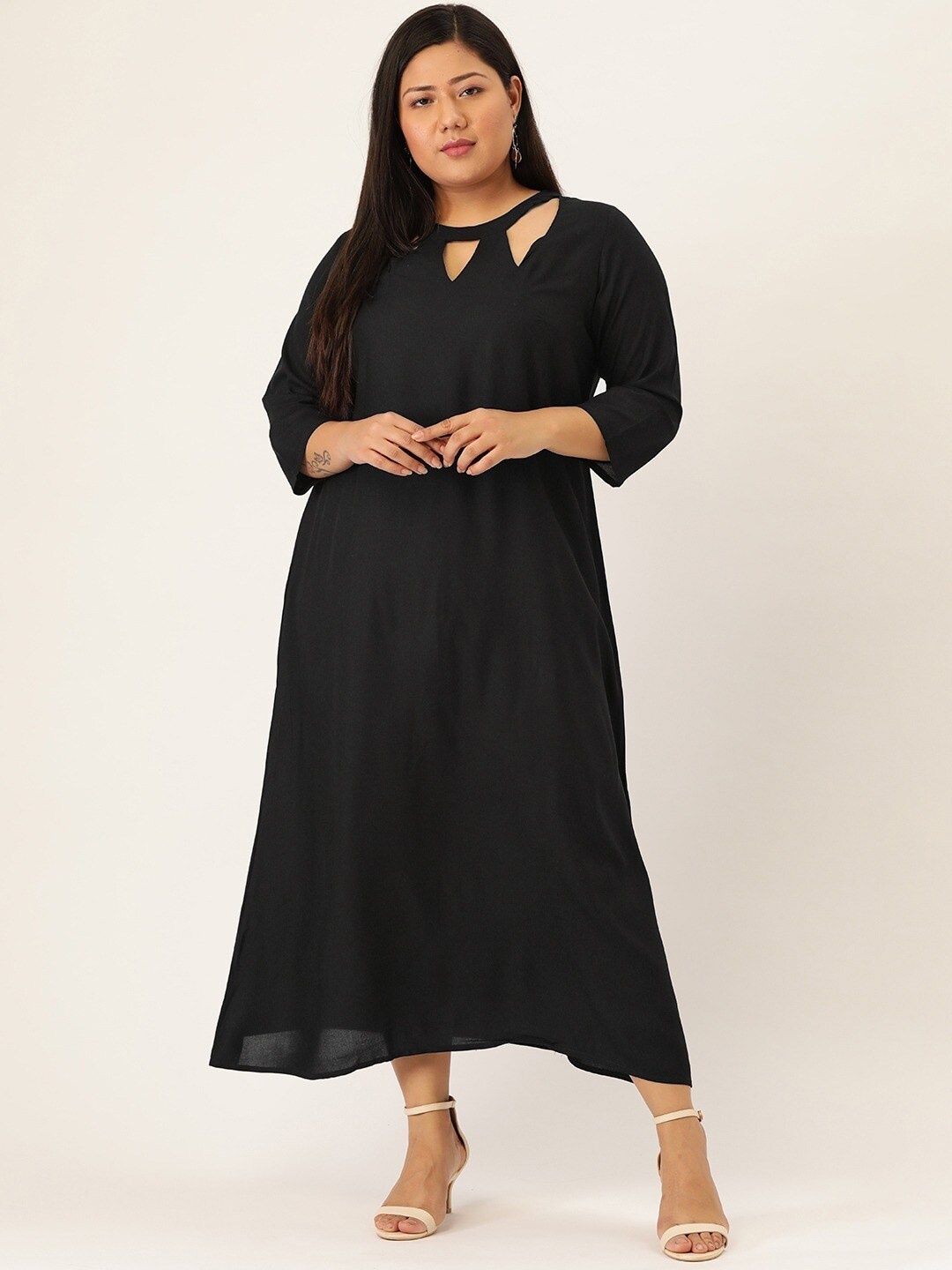 

theRebelinme Women Plus Size Black A-Line Midi Dress