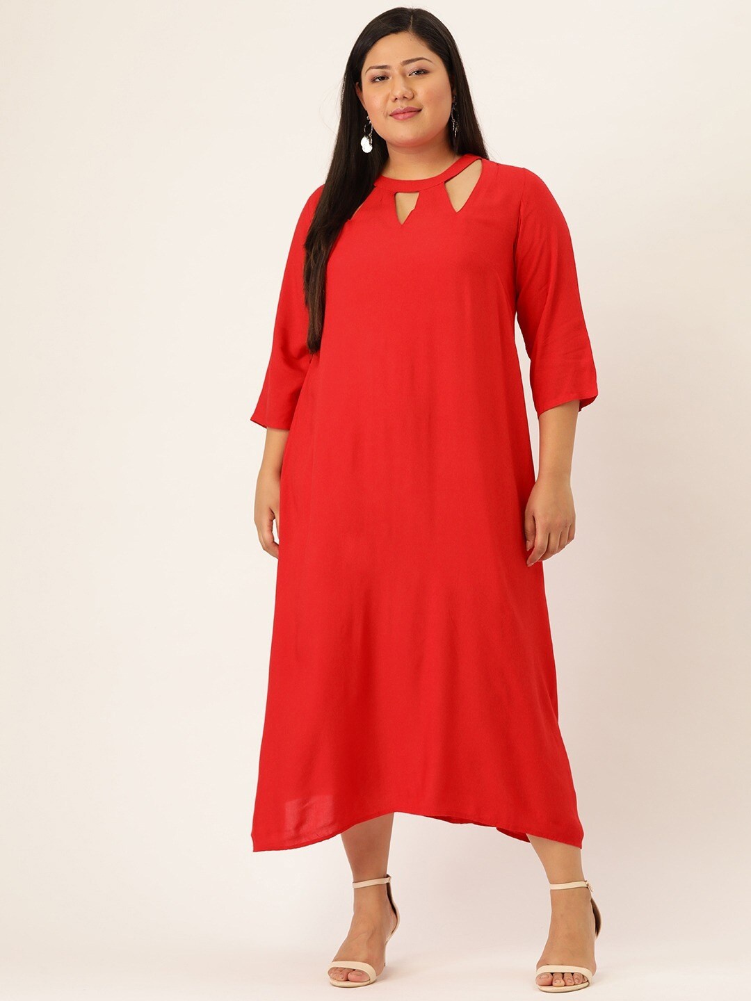

theRebelinme Red Keyhole Neck A-Line Midi Dress