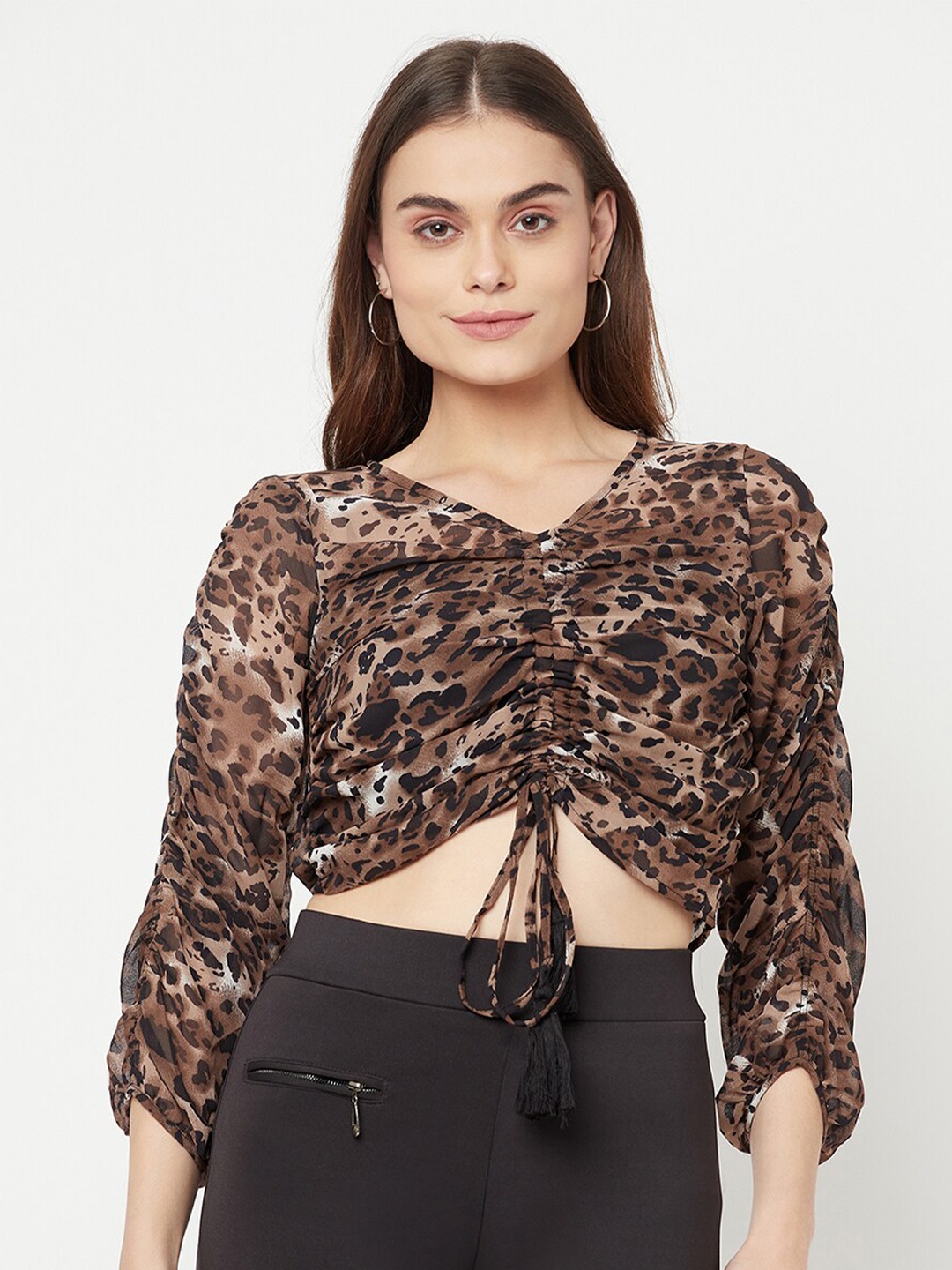 

RAASSIO Multicoloured Animal Print Georgette Crop Top, Multi