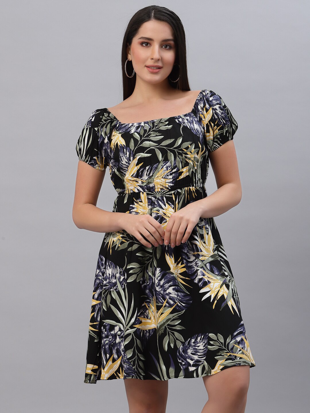 

RAASSIO Black & Yellow Printed Tropical Dress