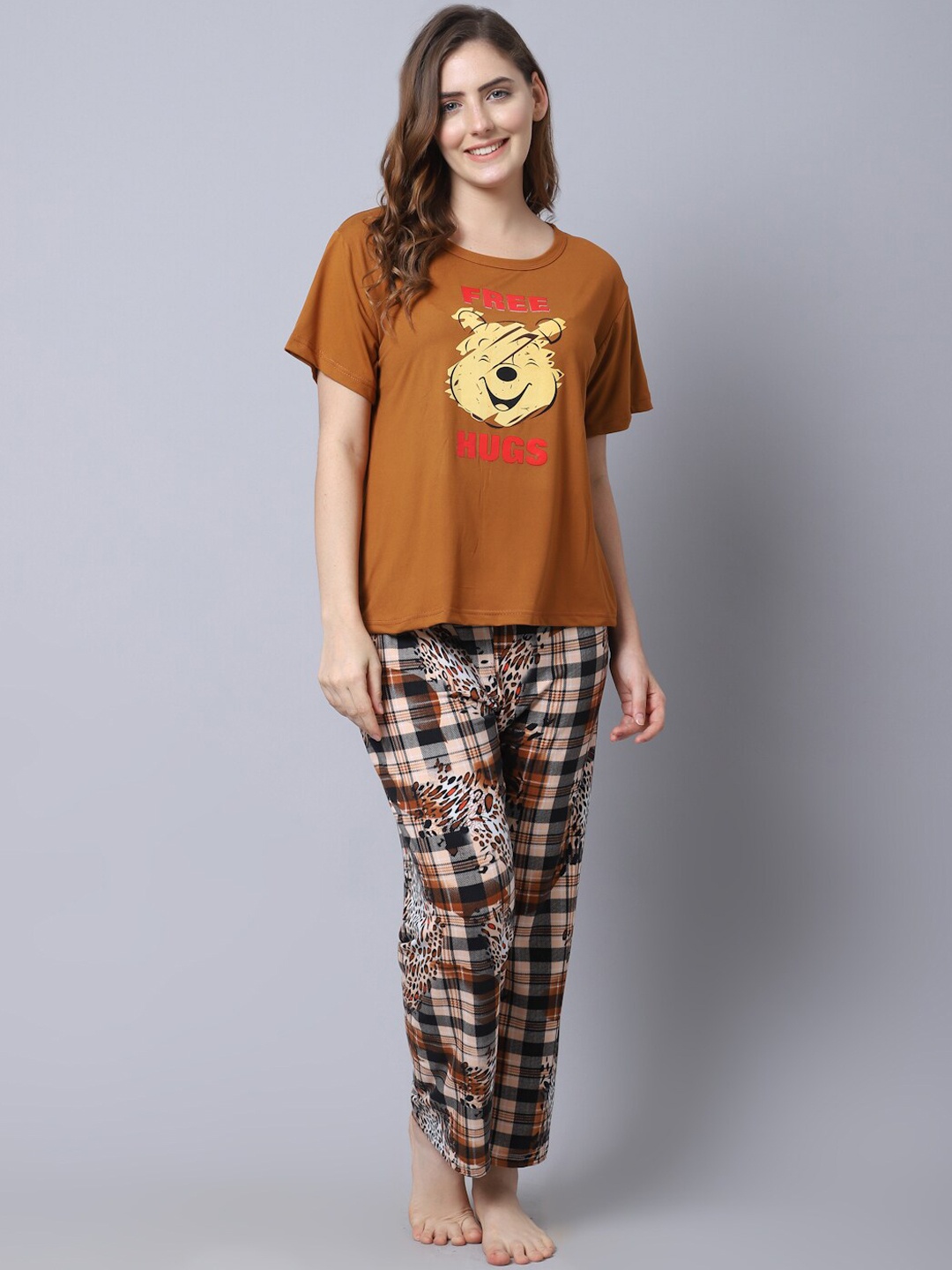 

GRACIT Women Brown & White Printed Night suit