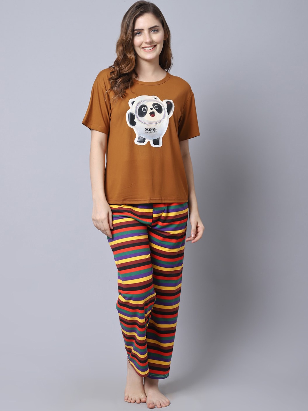 

GRACIT Women Brown & White Printed Night suit