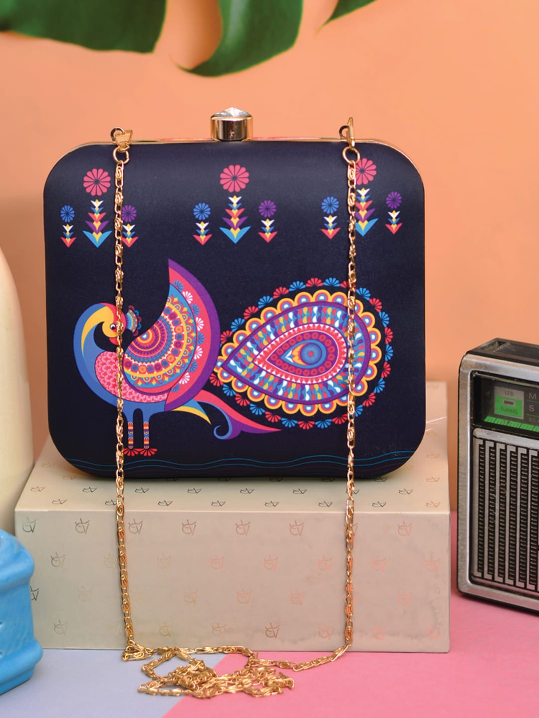 

ARTKLIM Navy Blue & Pink Printed Box Clutch