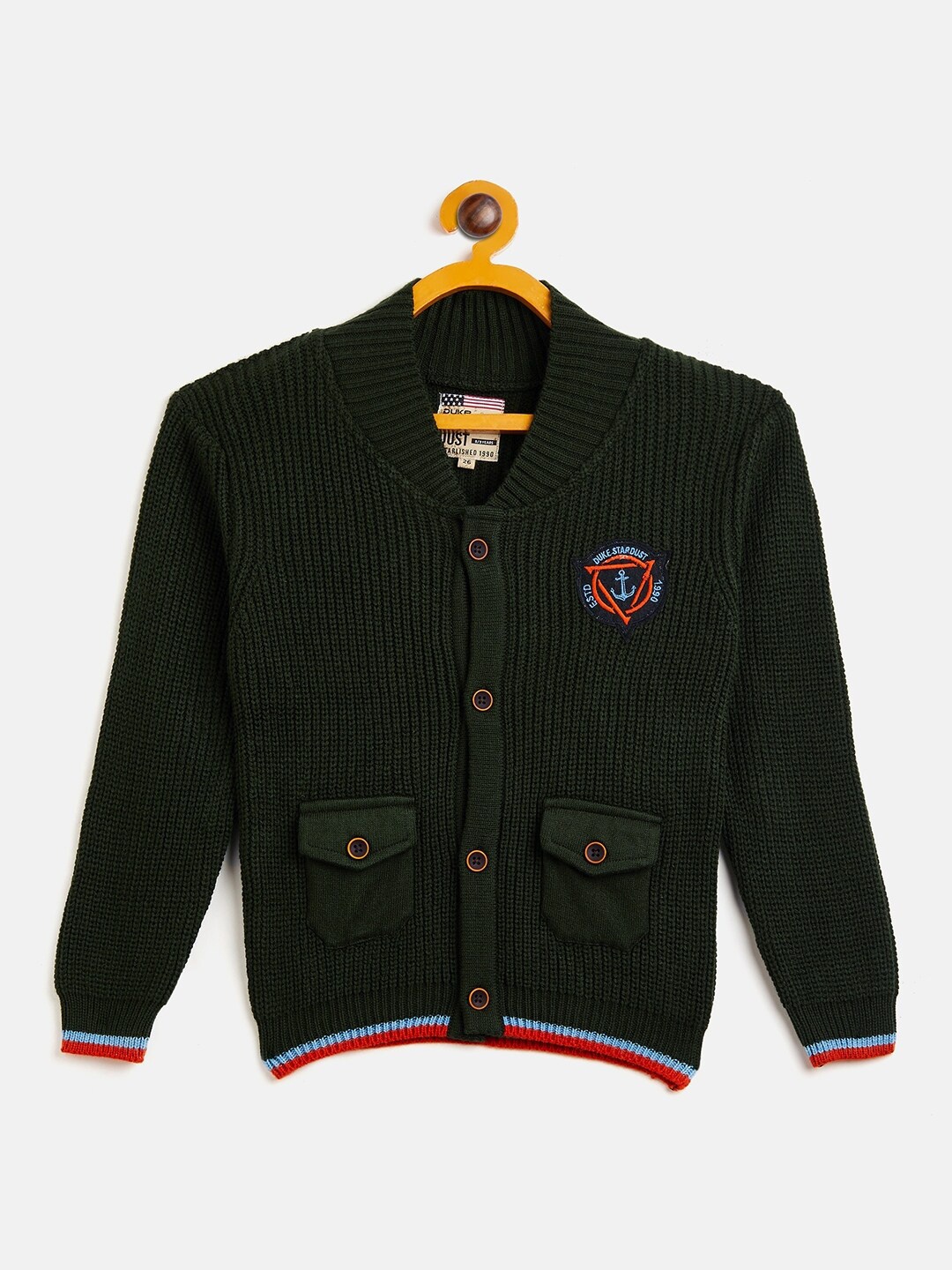 

Duke Boys Olive Green & Red Solid Acrylic Cardigan