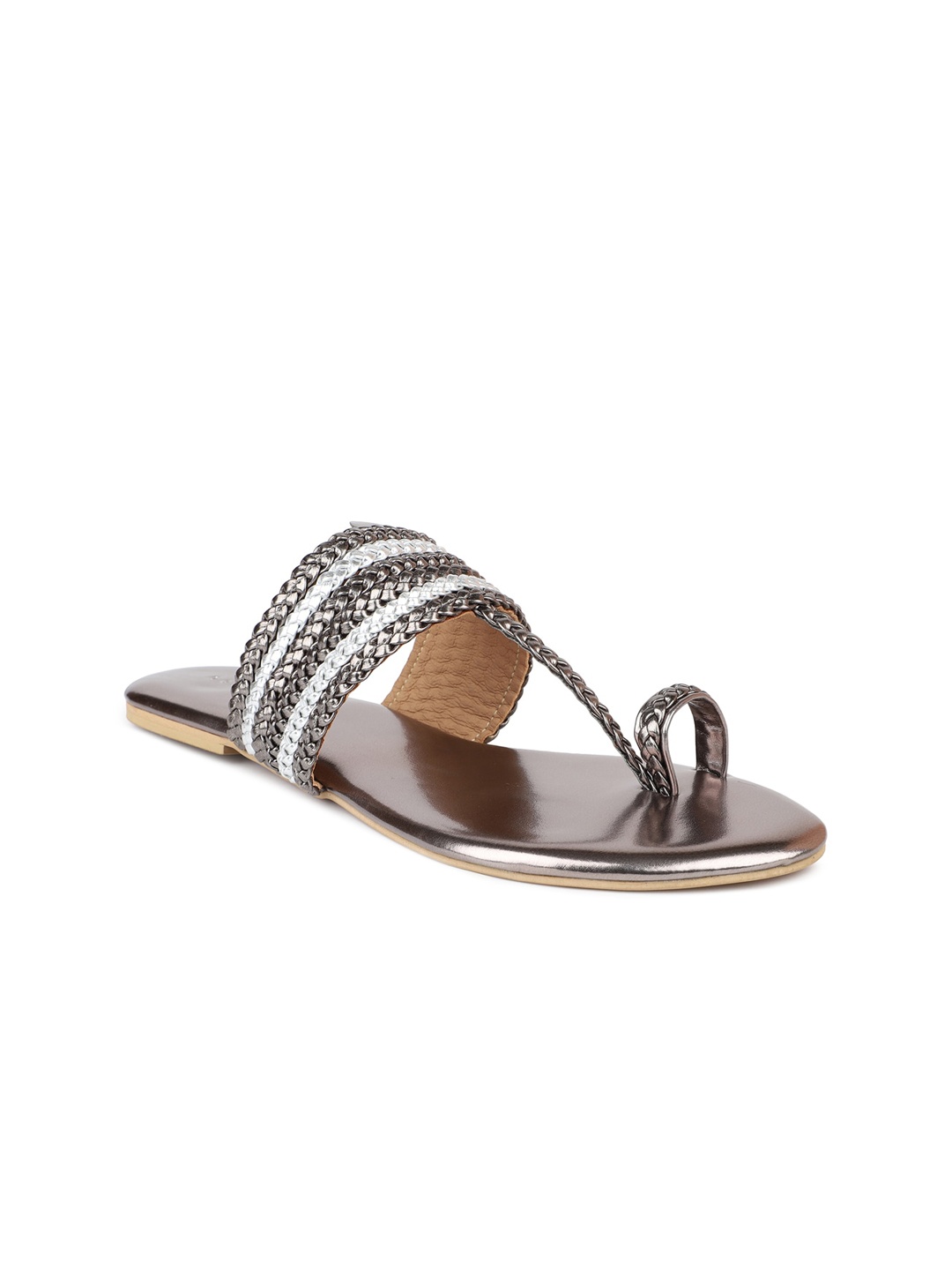 

DESIGN CREW Women Gunmetal-Toned Open Toe Flats, Metallic