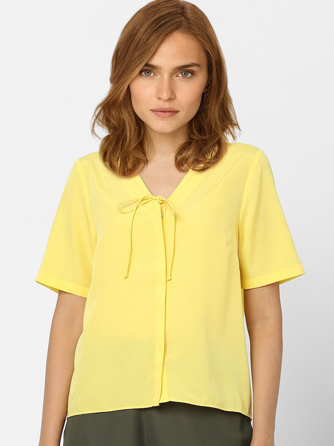 

Vero Moda Women Yellow Tie-Up Neck Shirt Style Top