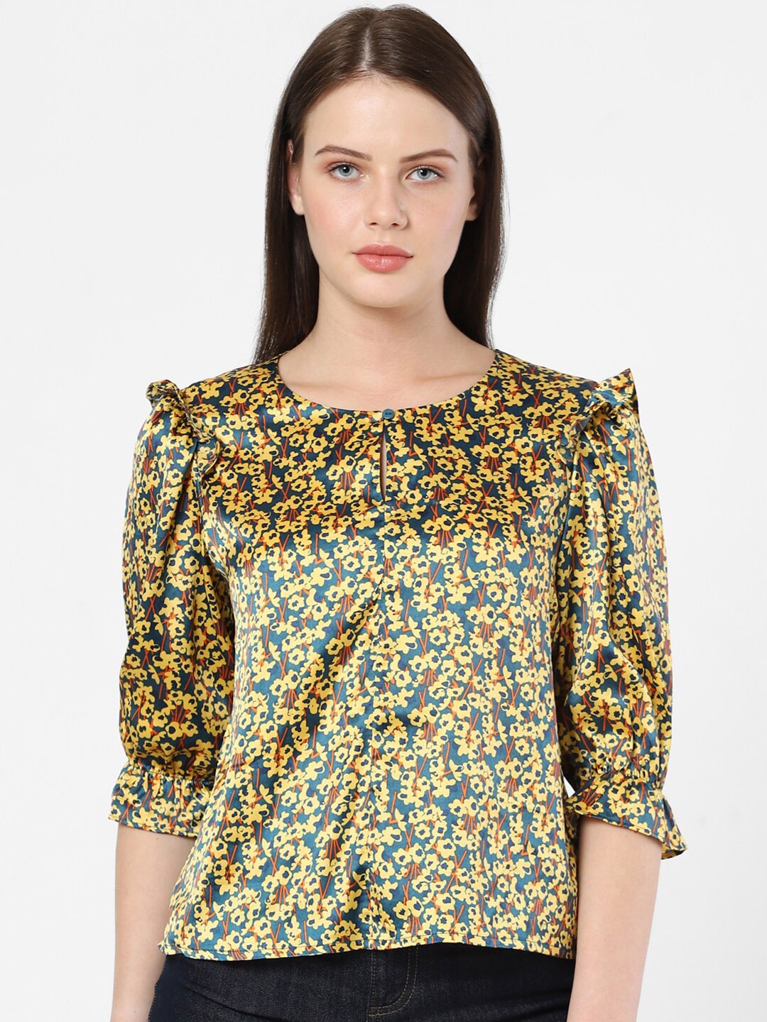 

Vero Moda Teal & Yellow Floral Printed Top