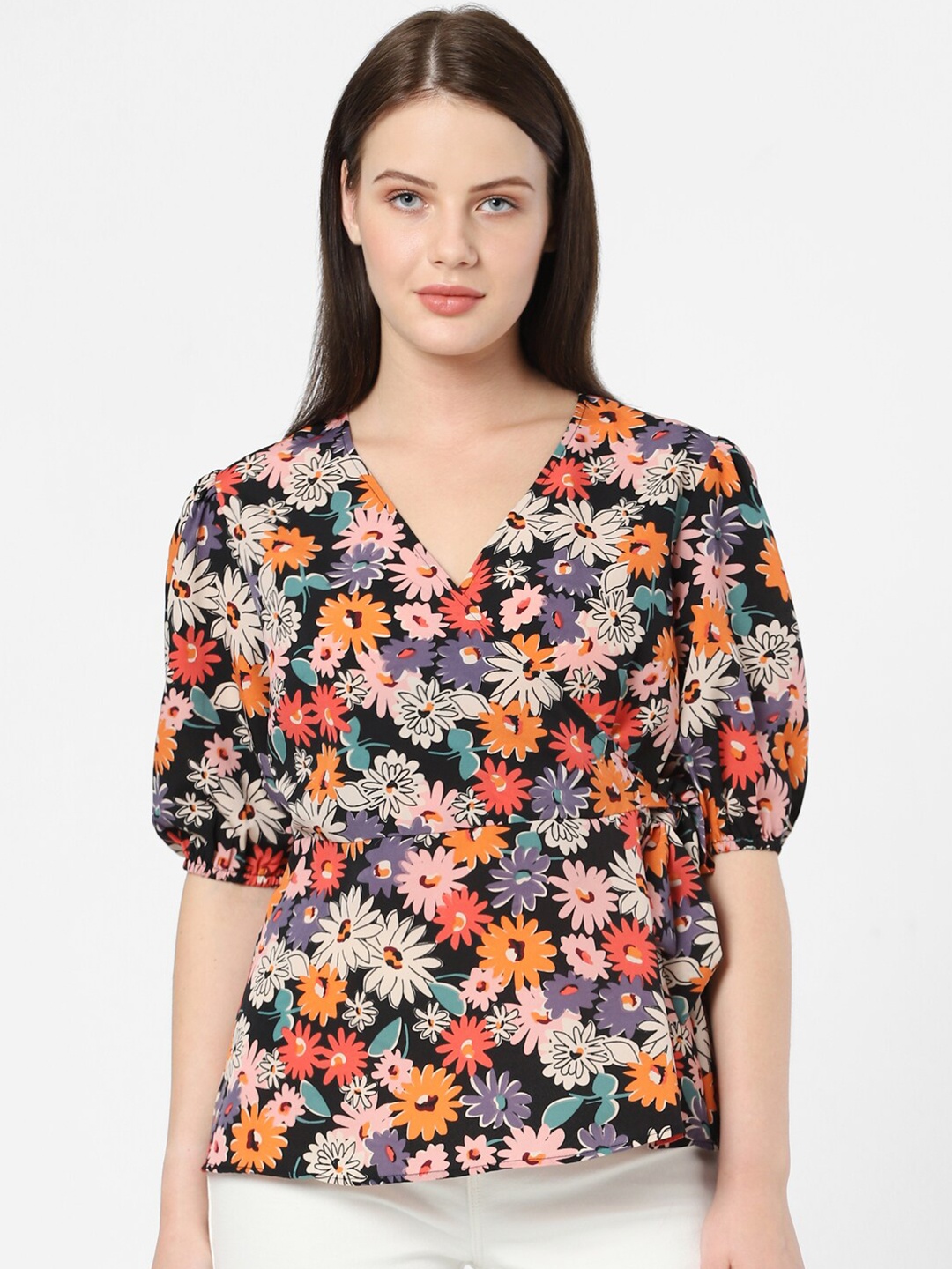 

Vero Moda Black & Orange Floral Printed Wrap Top