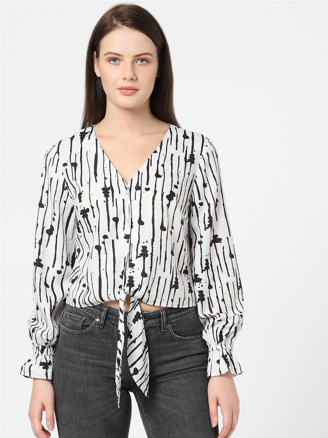

Vero Moda White Abstract Print Bishop Sleeves Crop Top