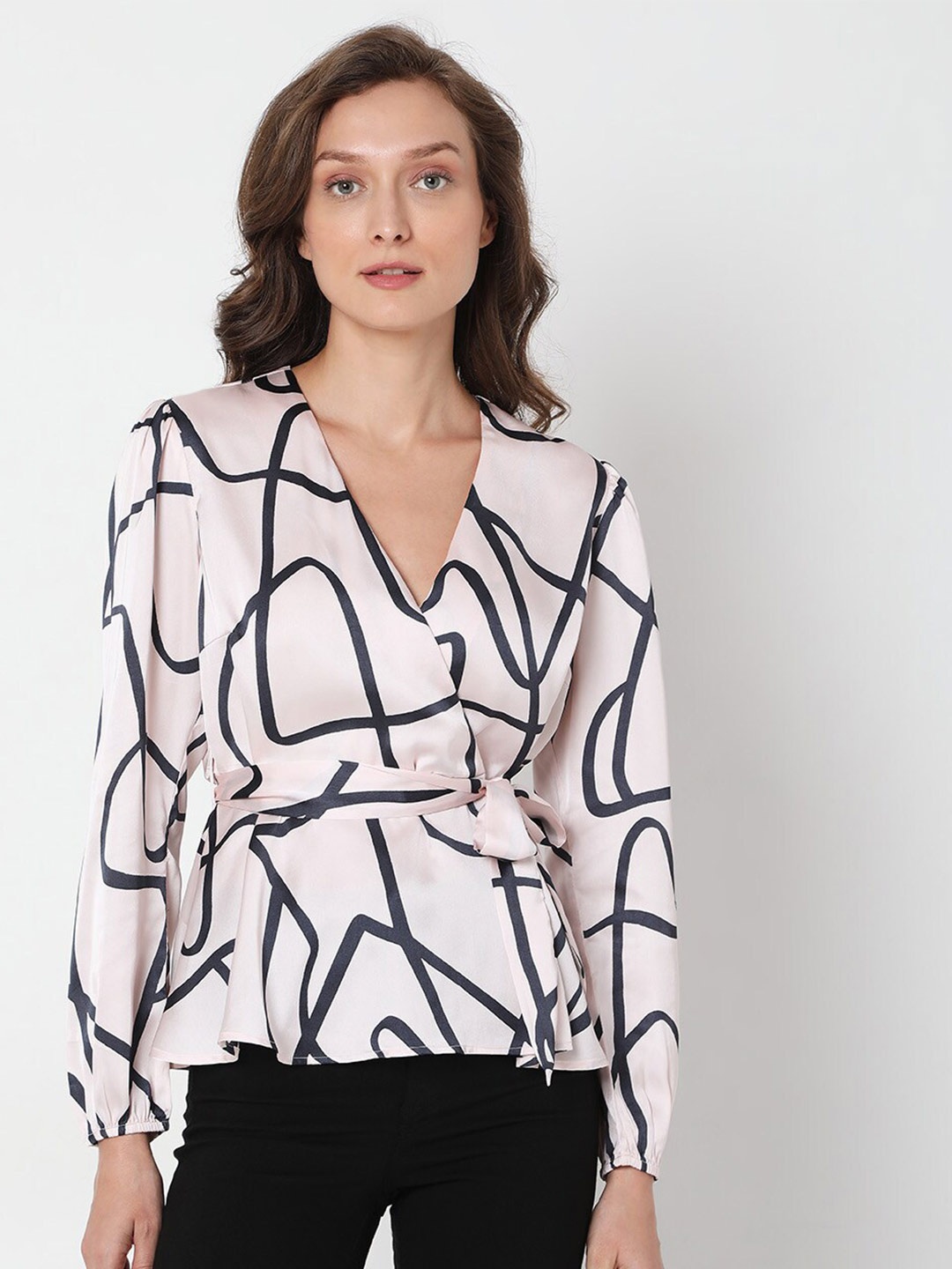 

Vero Moda Pink & Navy Blue Geometric Print Bishop Sleeves Wrap Top