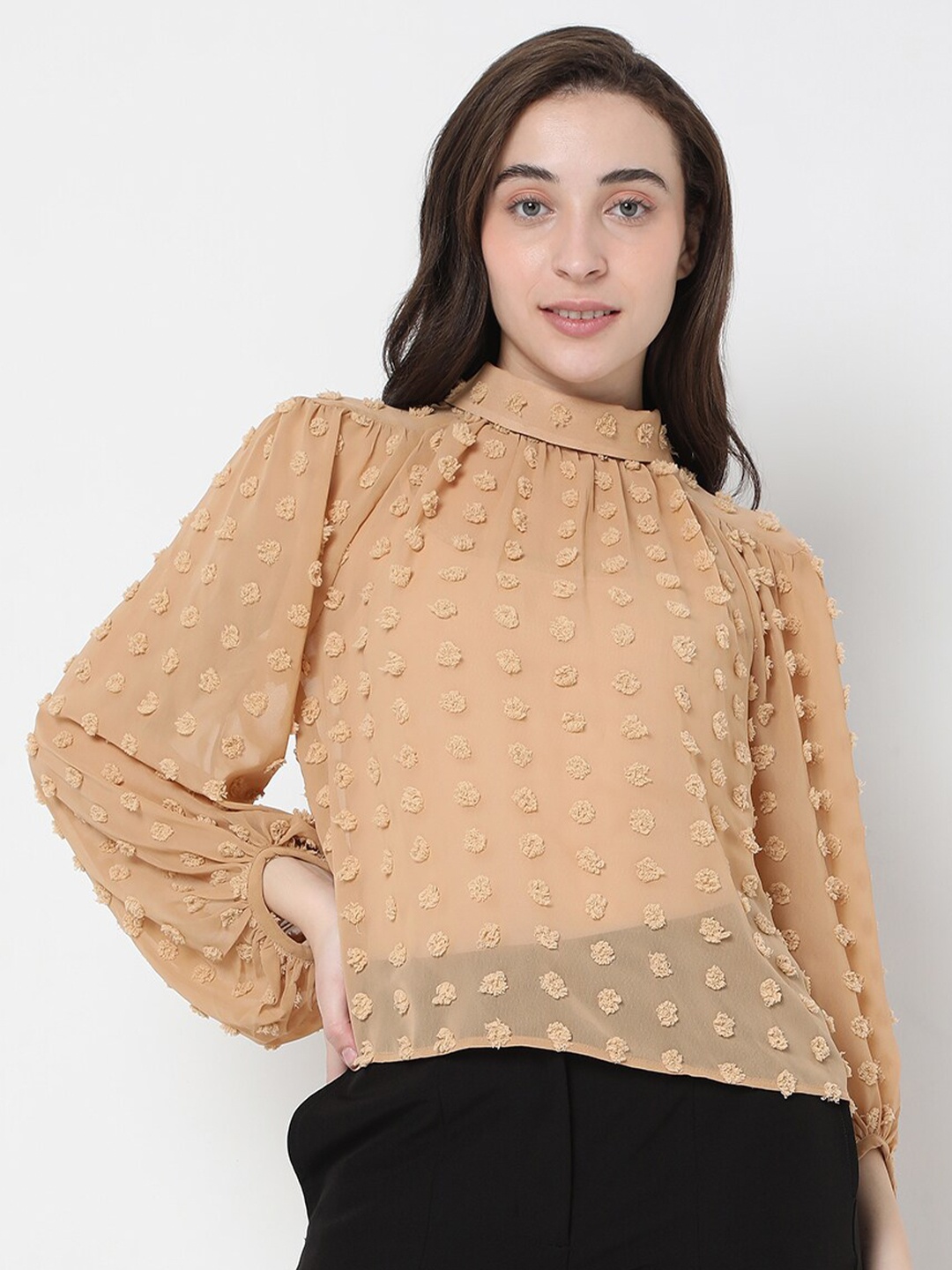 

Vero Moda Taupe Bishop Sleeves Self Design Top