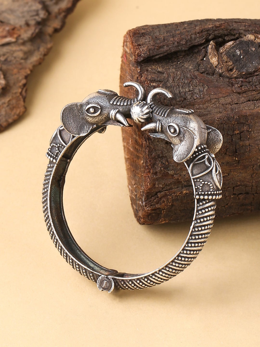 

VIRAASI Oxidised Silver-Plated Elephant Design Antique Bangle