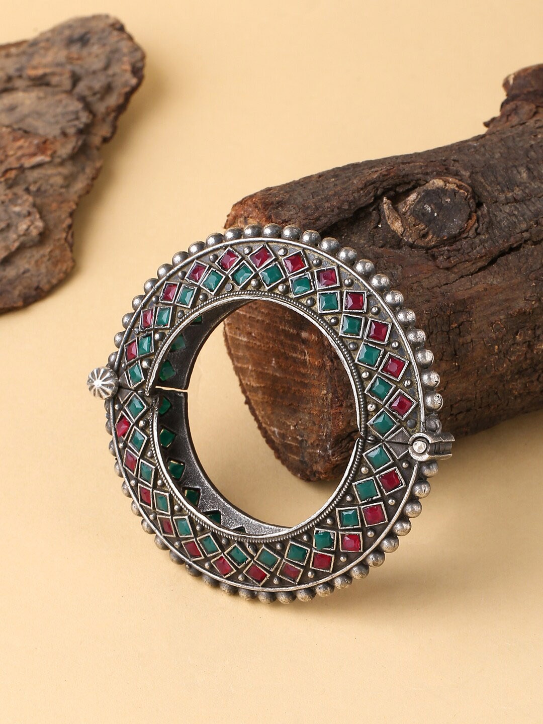 

VIRAASI Silver-Plated Red & Green Stone Studded Antique Oxidised Bangle