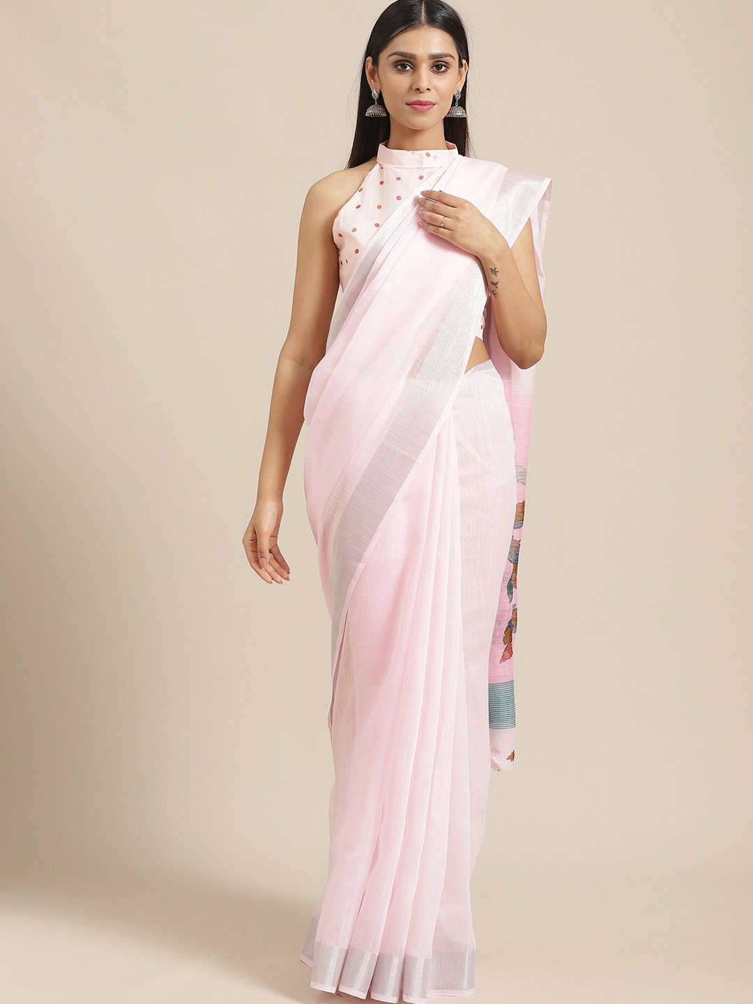 

Saree mall Pink & Silver-Toned Floral Zari Linen Sarees