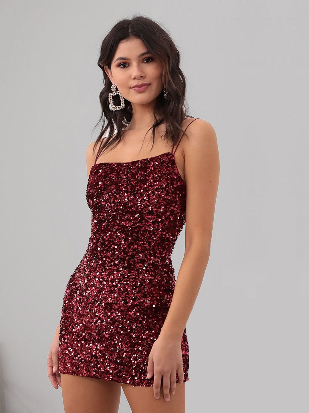 

ADDYVERO Women Maroon Embellished Velvet Bodycon Mini Dress