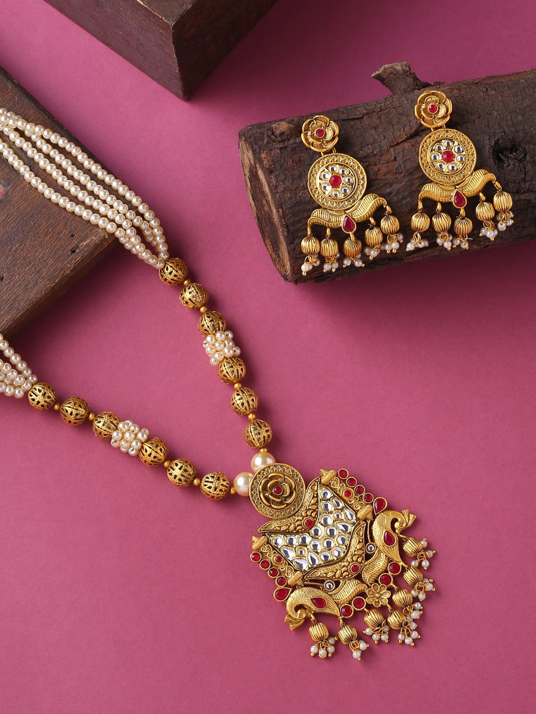 

VIRAASI Gold-Plated Red & White Pearl Stone-Studded Jewellery Set