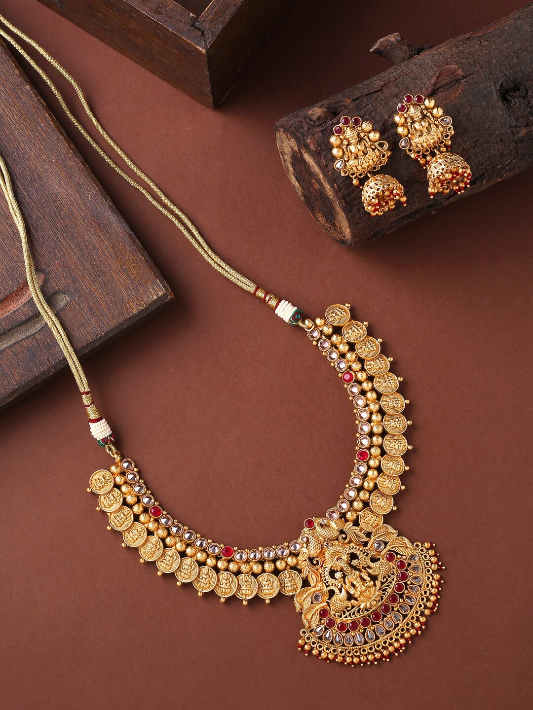 

VIRAASI Gold-Plated Red Stone Studded & Beaded Handcrafted Temple Jewellery Set