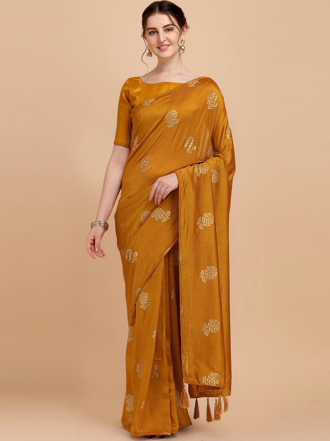 

Fab Viva Yellow & Gold-Toned Ethnic Motifs Silk Blend Saree With Blouse Piece