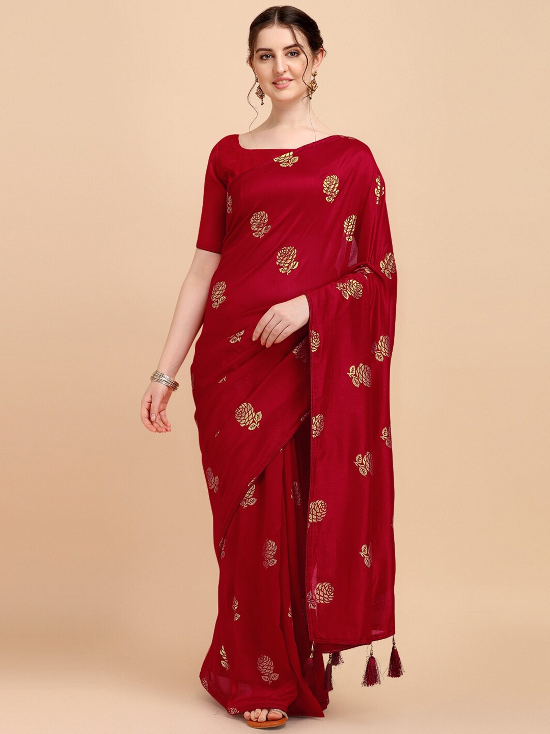 

Fab Viva Red & Gold-Toned Ethnic Motifs Silk Blend Saree With Blouse Piece