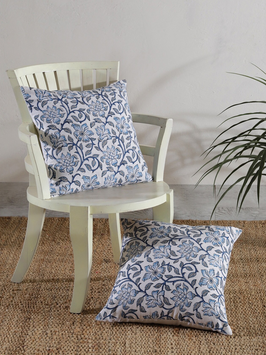

HANDICRAFT PALACE White & Blue Set of 2 Floral Square Cushion Covers