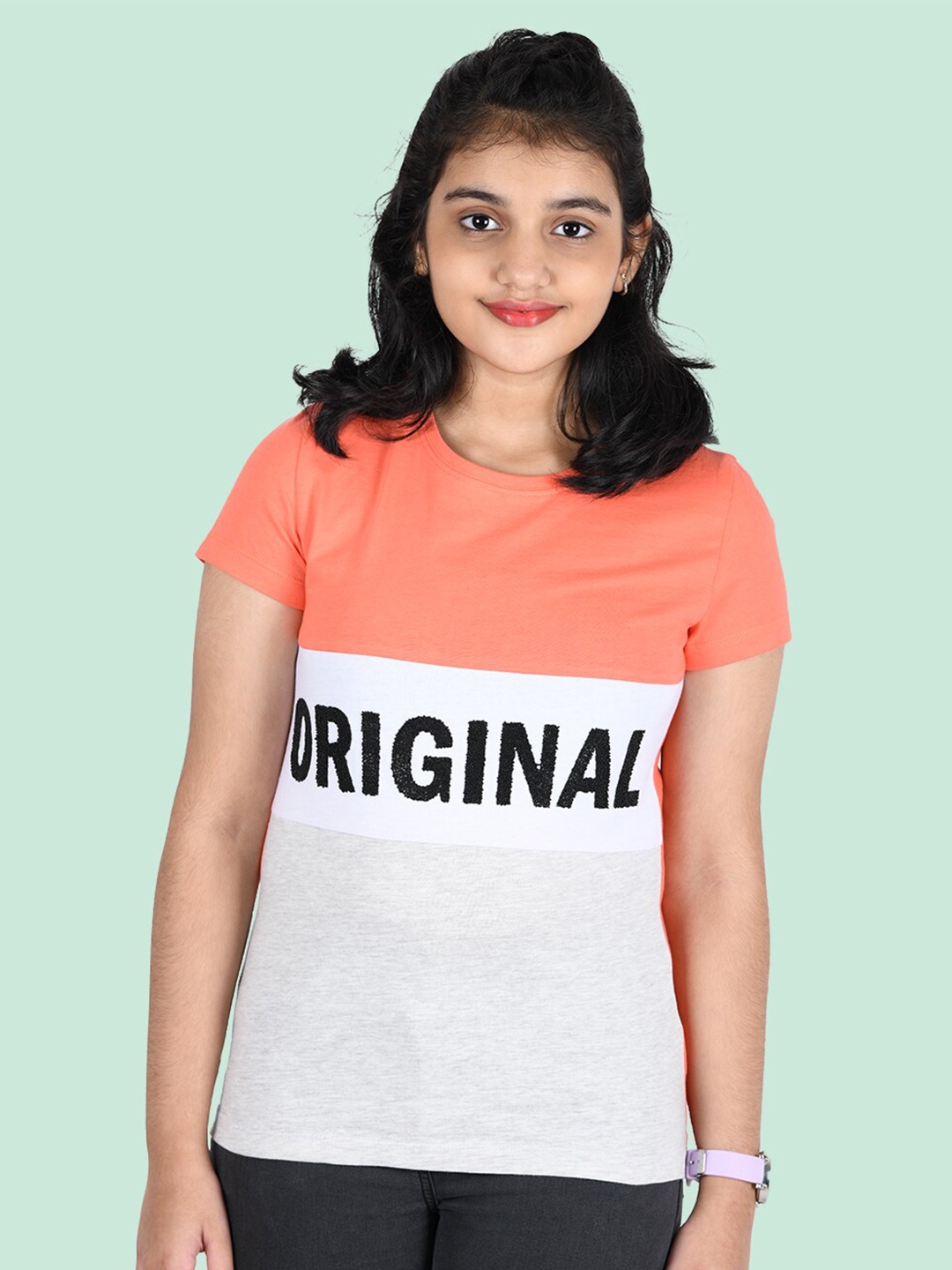 

Zalio Girls Peach-Coloured & White Typography Colourblocked T-shirt