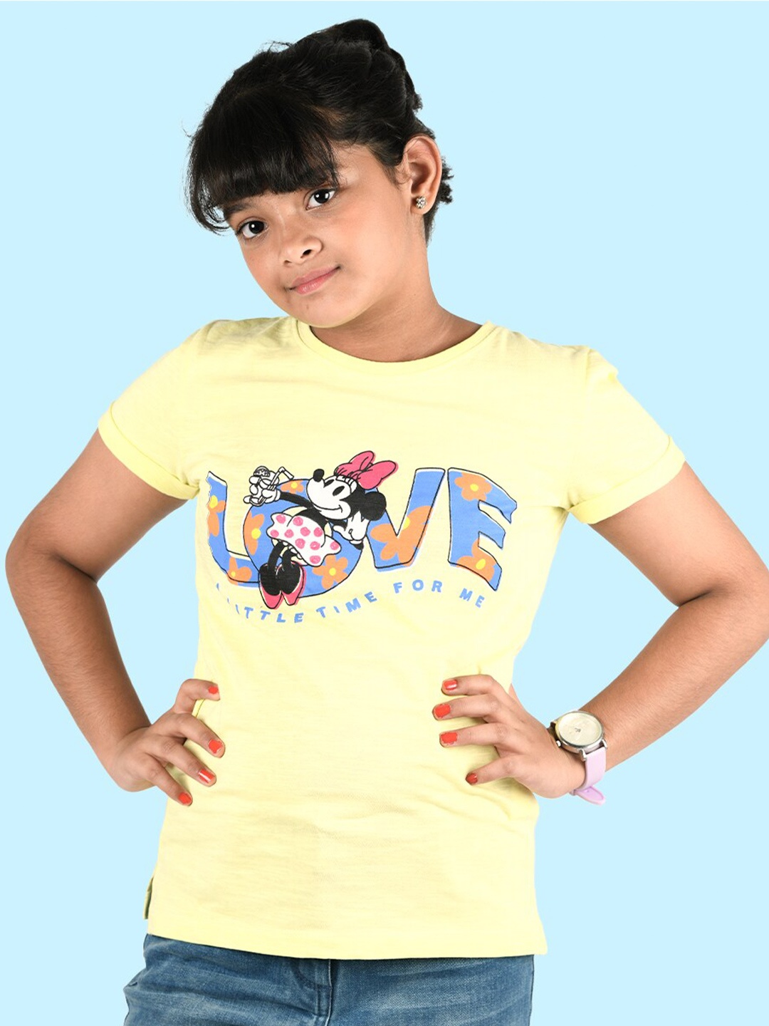 

Zalio Girls Yellow & Blue Minnie Mouse & Daisy Love Pure Cotton Printed T-shirt