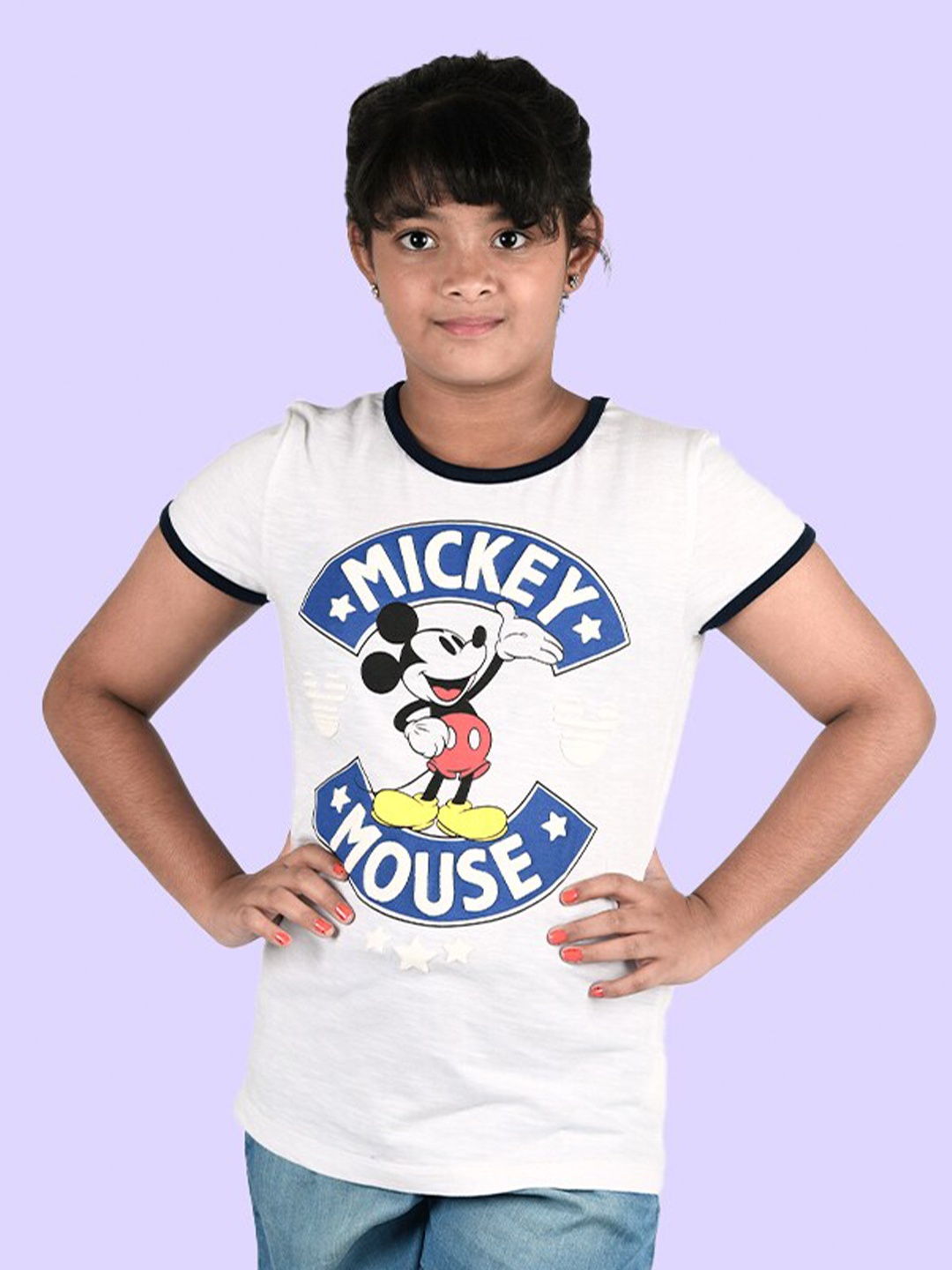 

Zalio Girls White & Blue Mickey Mouse Printed Pure Cotton T-shirt