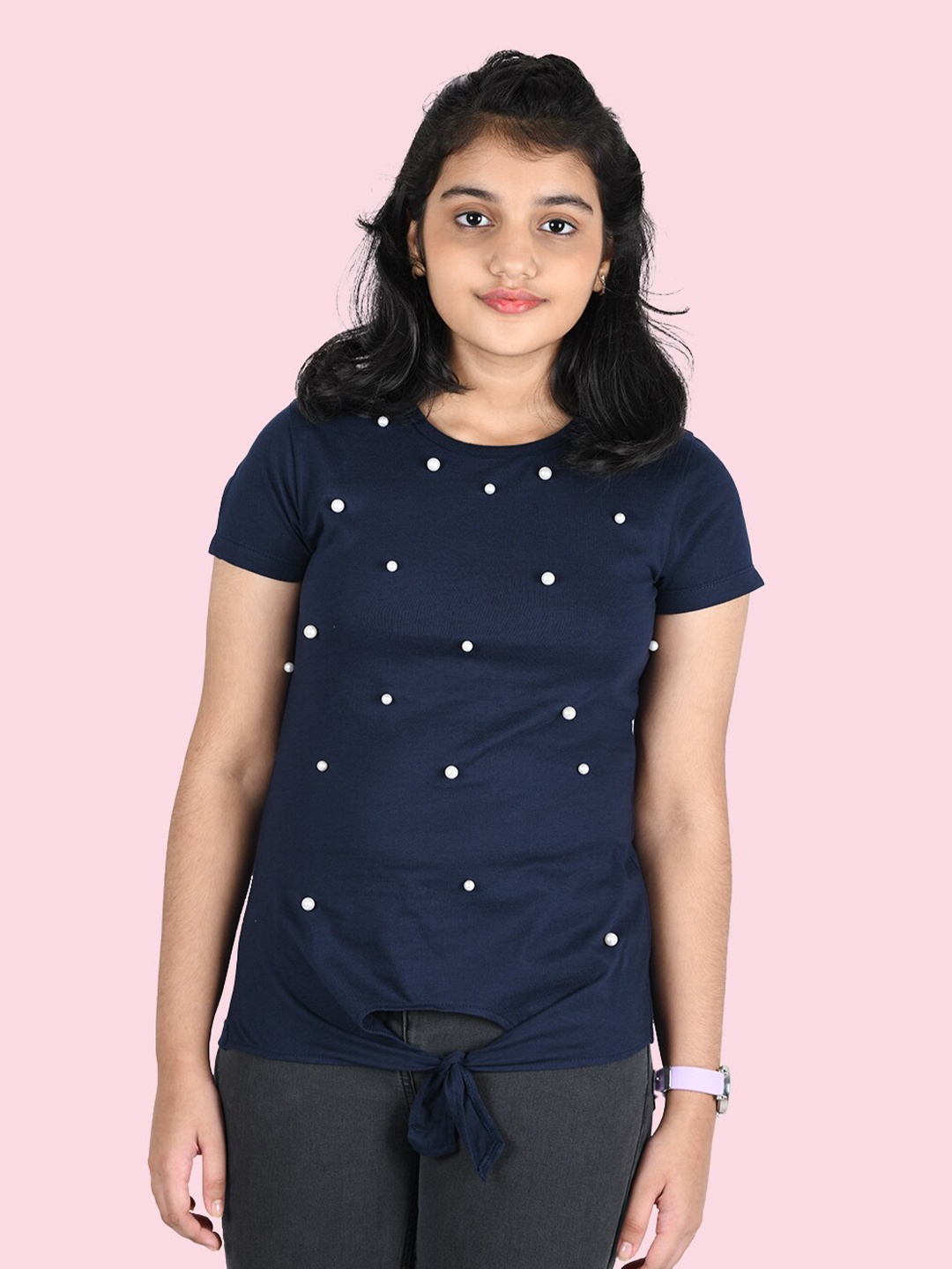 

Zalio Girls Navy Blue & White Printed T-shirt