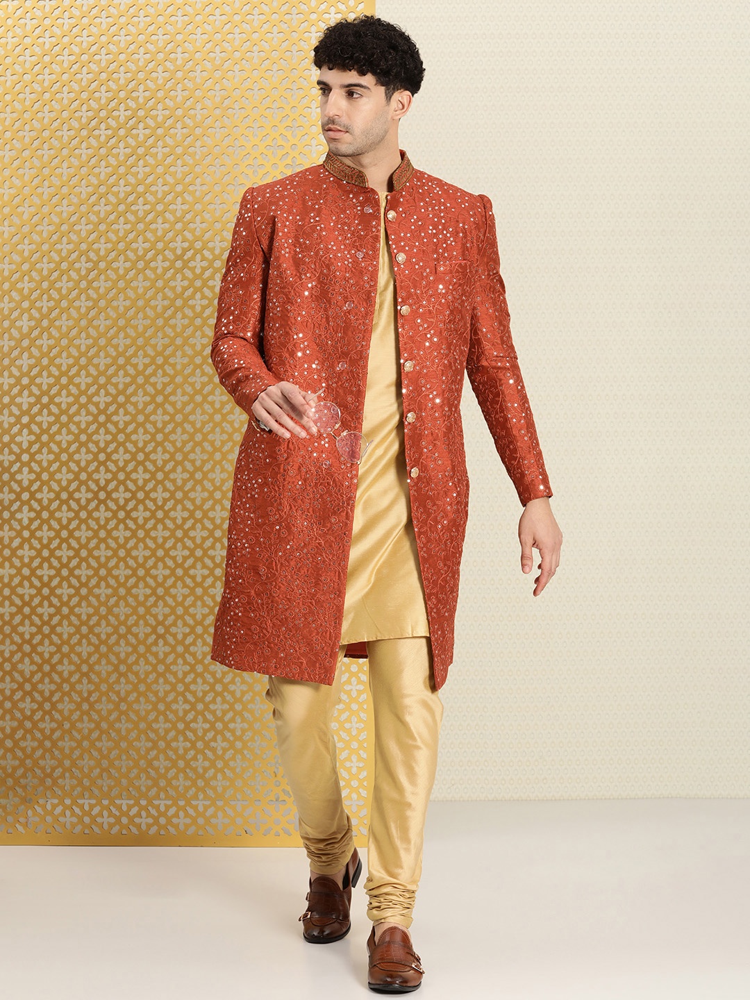

House of Pataudi Men Thread Work Embellished Jashn Sherwani Set, Rust