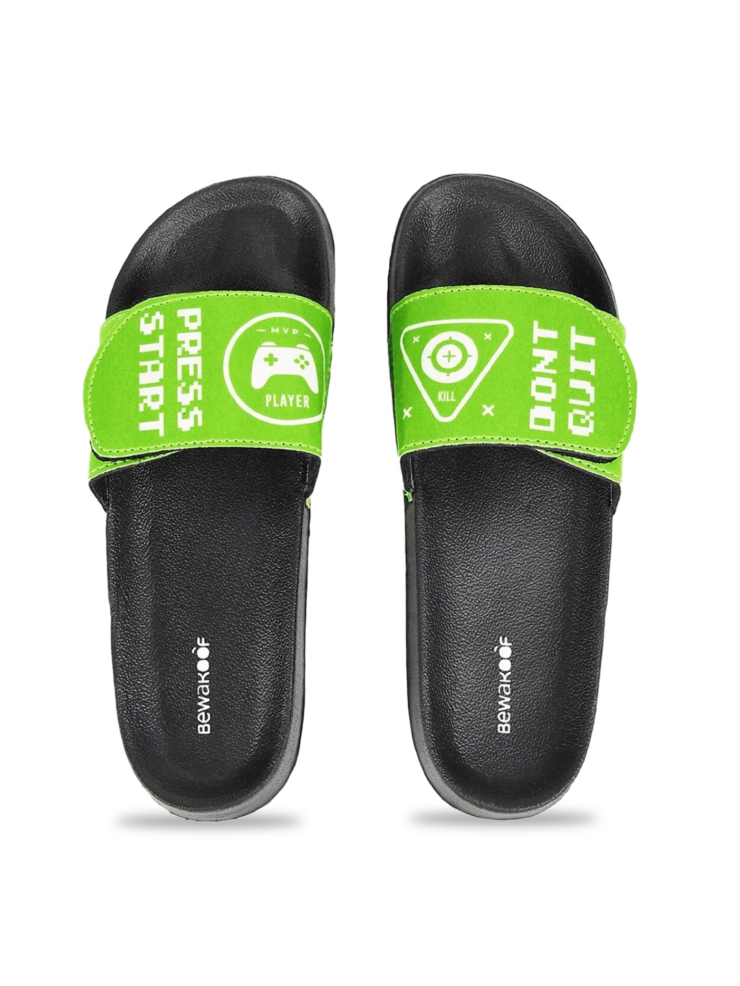 

Bewakoof Women Black & Green Printed Rubber Velcro Sliders