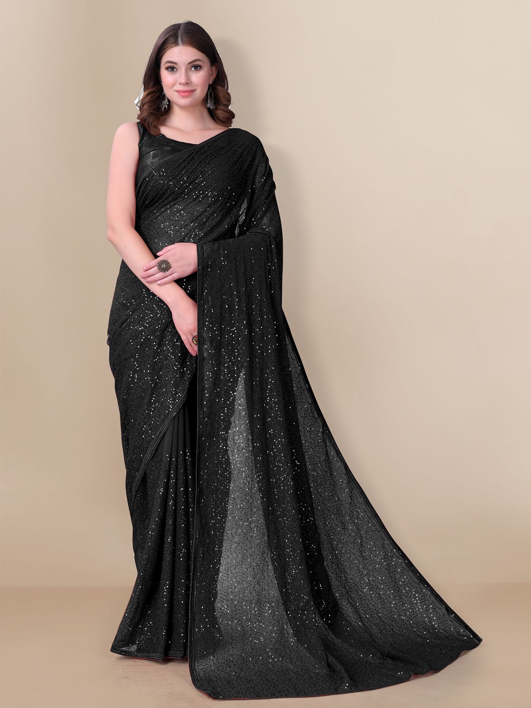 

VAIRAGEE Black Embellished Sequinned Georgette Saree
