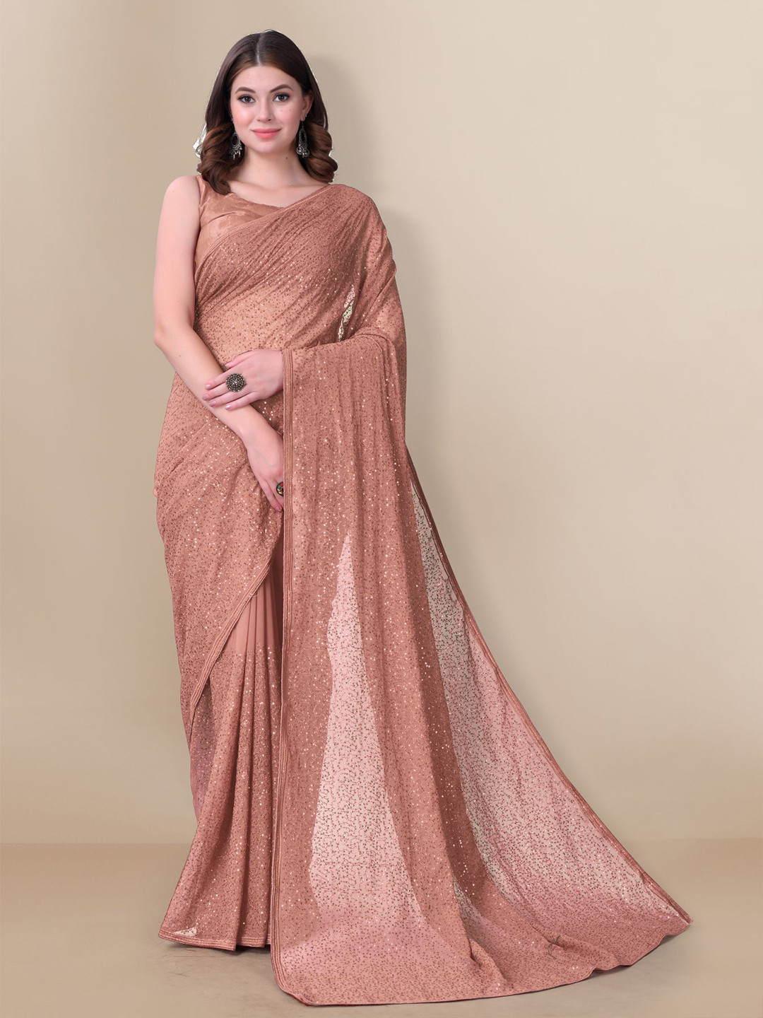 

VAIRAGEE Copper-Toned & Gold-Toned Embellished Sequinned Pure Georgette Saree