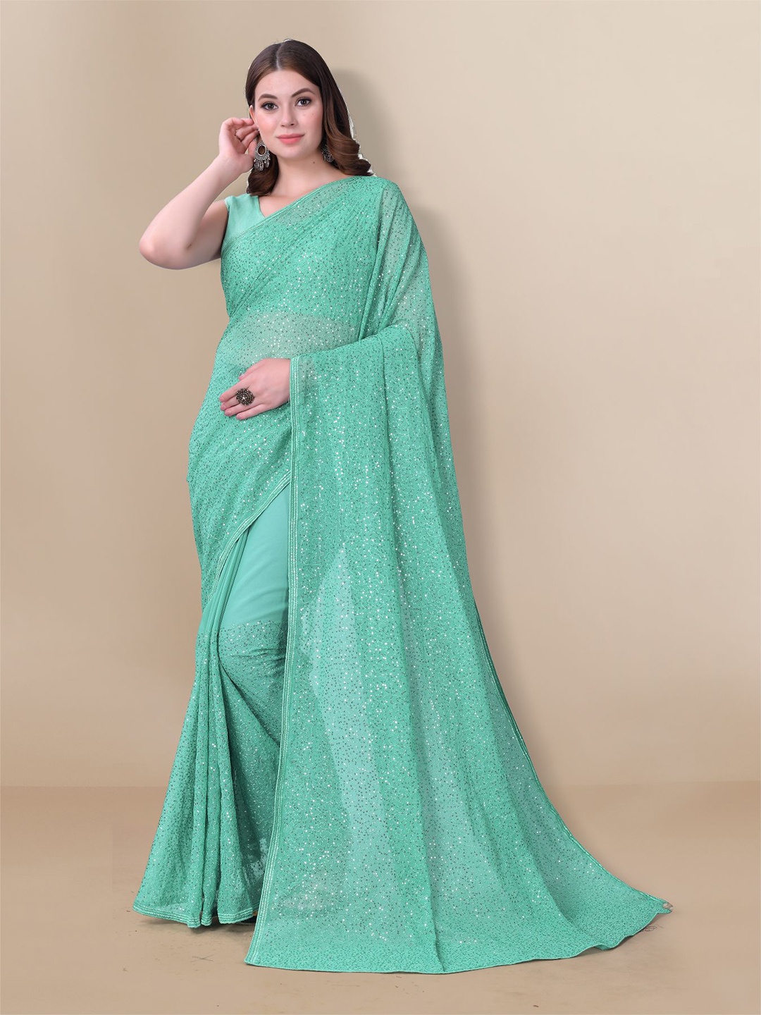 

VAIRAGEE Teal Embellished Sequinned Georgette Saree