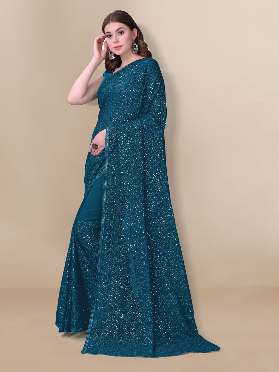 

VAIRAGEE Turquoise Blue Embellished Sequinned Georgette Saree